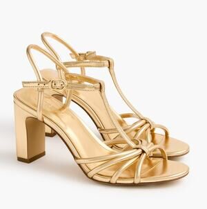 J. Crew T-Strap Block Heel Sandals Sunkissed Gold Open Toe Metallic Women's Sz 9